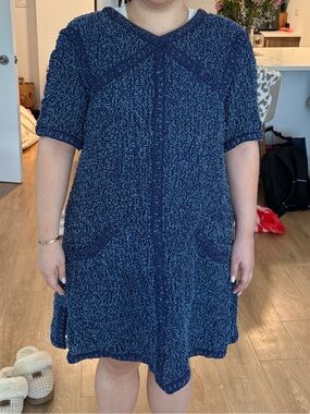CHANEL Navy Textured V‑Neck Mini Dress